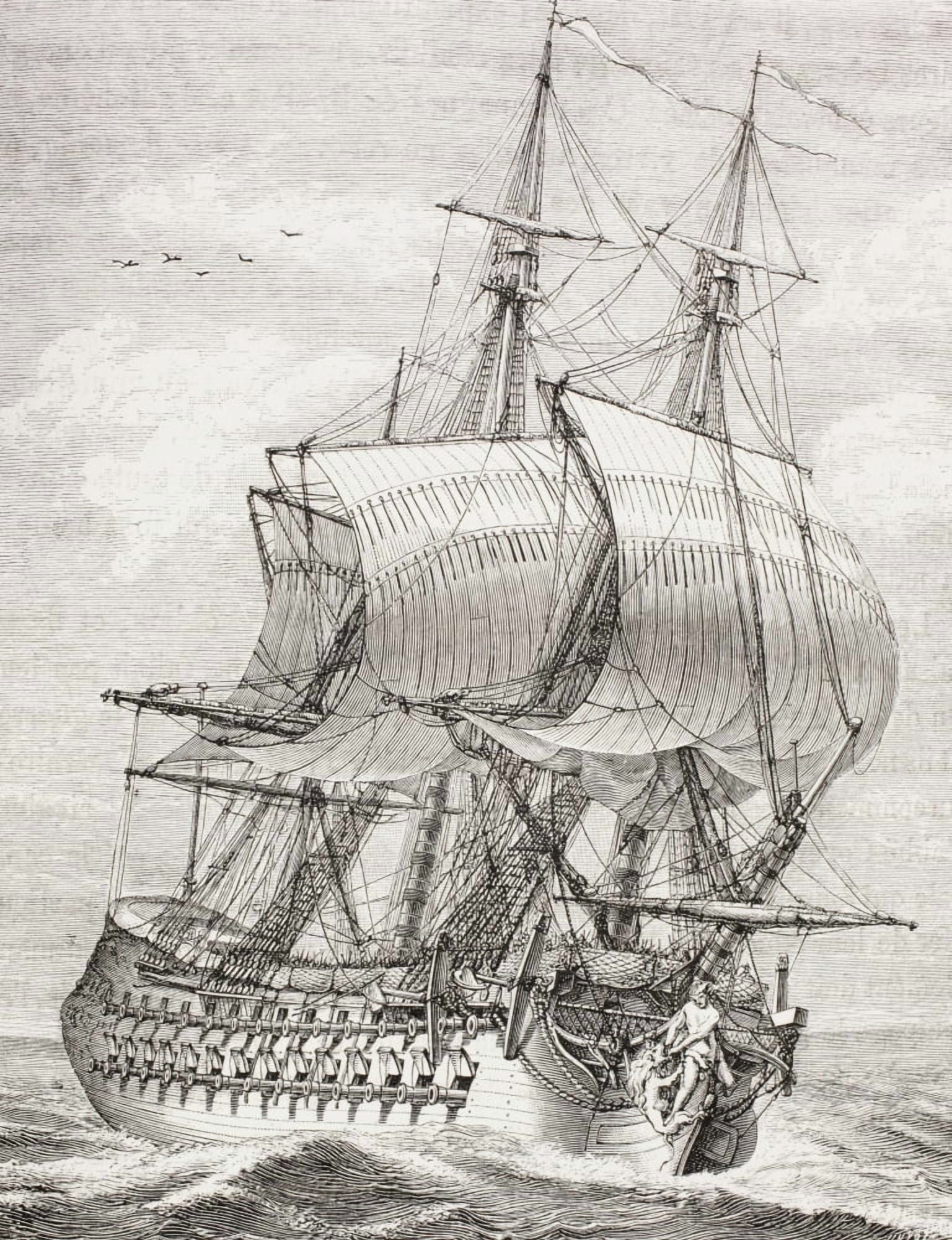 The 58 Gun Frigate Of The French Navy With Gun Ports Raised And Ready For Battle From Xviii Siecle Institutions Usages Et Costumes Published Paris 1875 Canvas Art - Ken Welsh Design Pics (12 x 16)