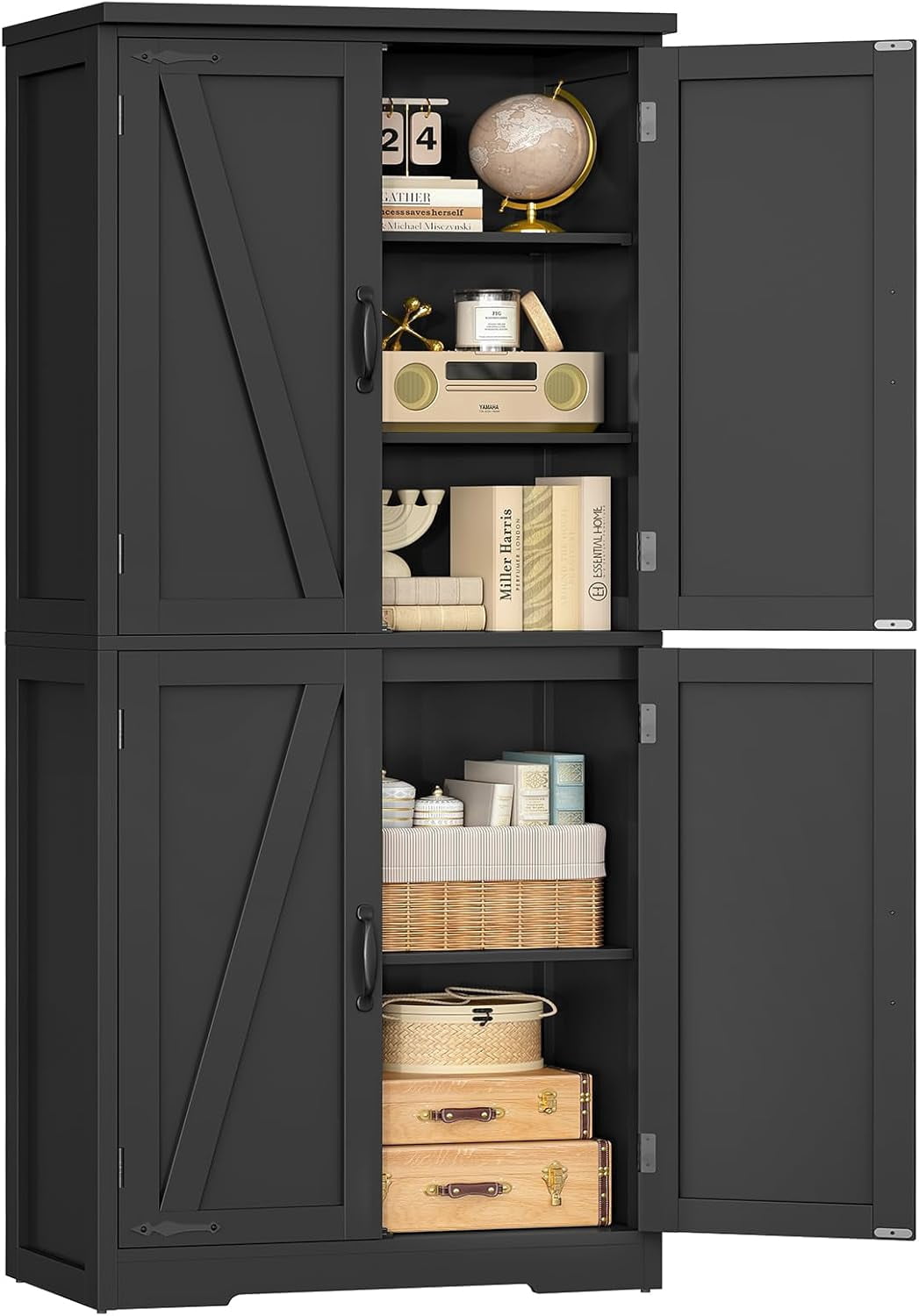 58" H Storage Cabinet with Adjustable Shelf, Farmhouse Kitchen Pantry Cabinet, Bathroom Cabinet with 4 Doors, Cupboard for Kitchen, Bathroom, Living Room