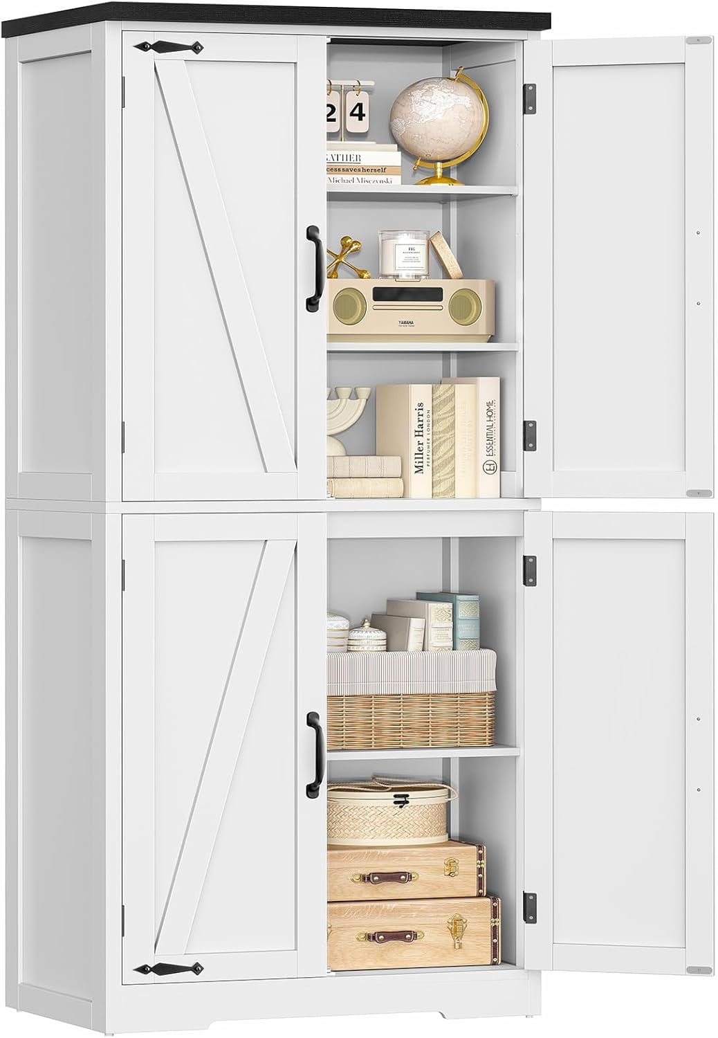 58" H Storage Cabinet with Adjustable Shelf, Farmhouse Kitchen Pantry Cabinet, Bathroom Cabinet with 4 Doors, Cupboard for Kitchen, Bathroom, Living Room