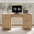 thumbnail image 1 of 58" Fluted Executive Desk with Storage Modern Home Office Desk with Charging Station Wood Work Desk for Office, Bedroom, Study, Living Room, Oak, 1 of 7