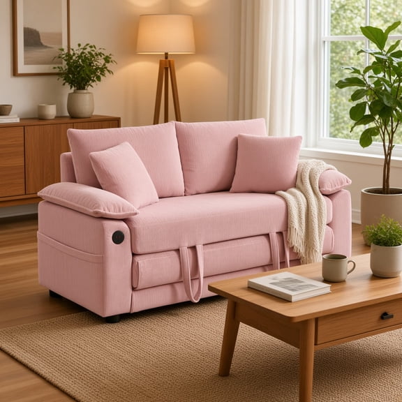58 Inch 3-in-1 Upholstered Futon Sofa Convertible Floor Sofa Bed, Foldable Tufted Loveseat with Pull Out Sleeper Couch Bed, Folding Mattress Love Seat Daybed with Side Pockets for Living Room, Pink