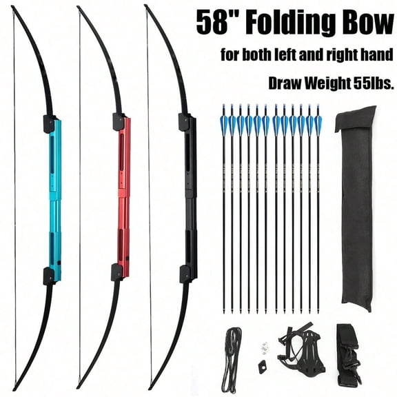 58 Inch 55 LBS Folding Archery Bow, Metal Alloy Left & Right Hand Universal Bow Set with 12 Pcs 30" Carbon Arrows, for Outdoor Shooting Competition & Hunting