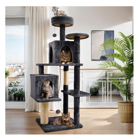 58 Inch Cat Tree, Tall Cat Tower With Condos And Scching Posts, Indoor Furniture For Kittens To Play Sleep Climb, Stable Activity Center For Small Medium Pets, Grey