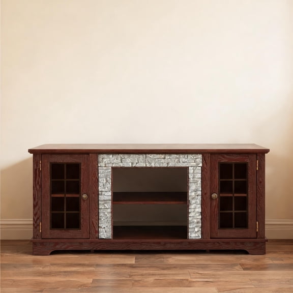 58-Inch Entertainment Center with Faux Stone Surround, 2-Door Storage, Cherry MDF