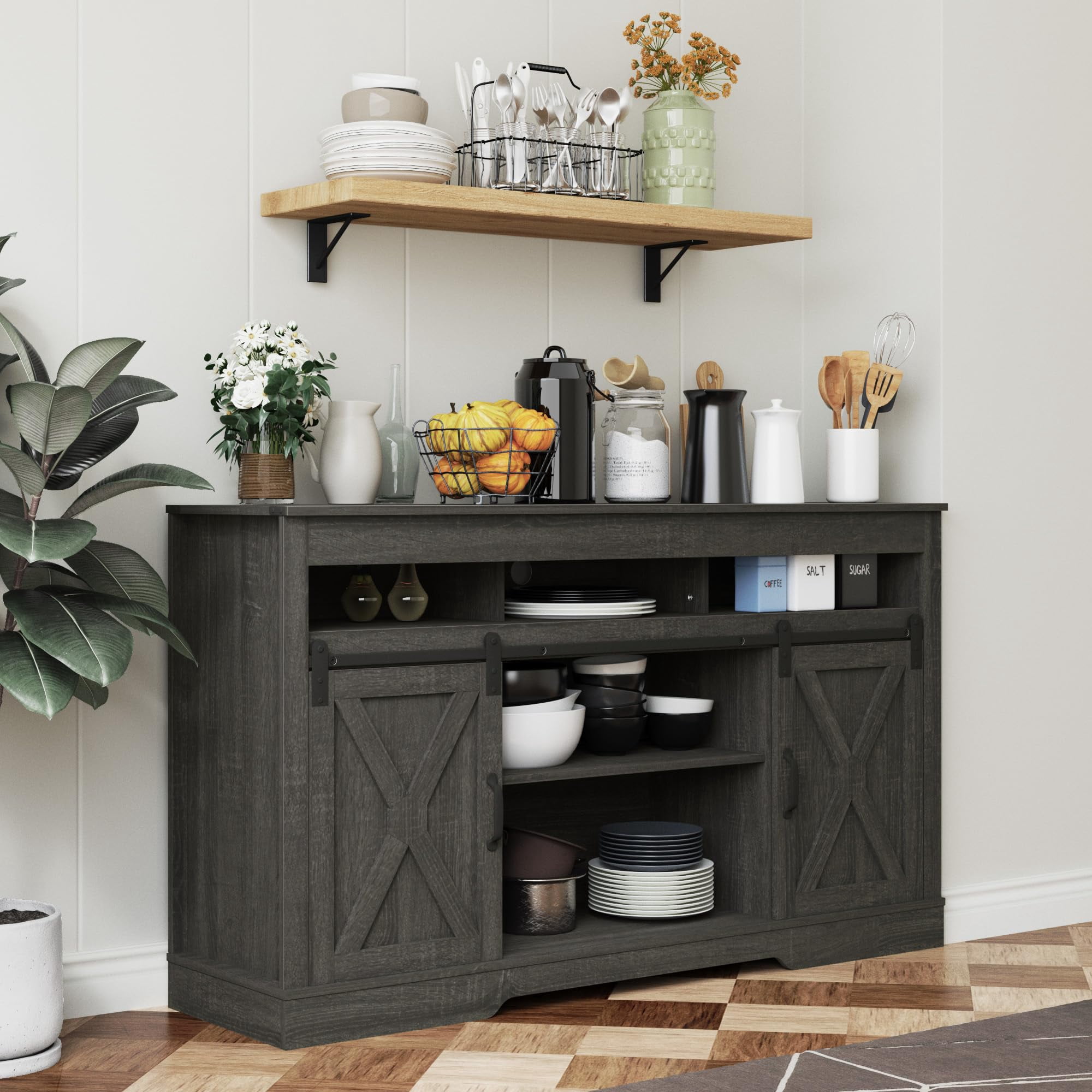 58 Inch Farmhouse TV Stand with Sliding Barn Doors, CARB P2 MDF Entertainment Center with Adjustable Shelves & Cable Holes, 300 LBS Weight Capacity Media Console for TVs Up to 65 Inch