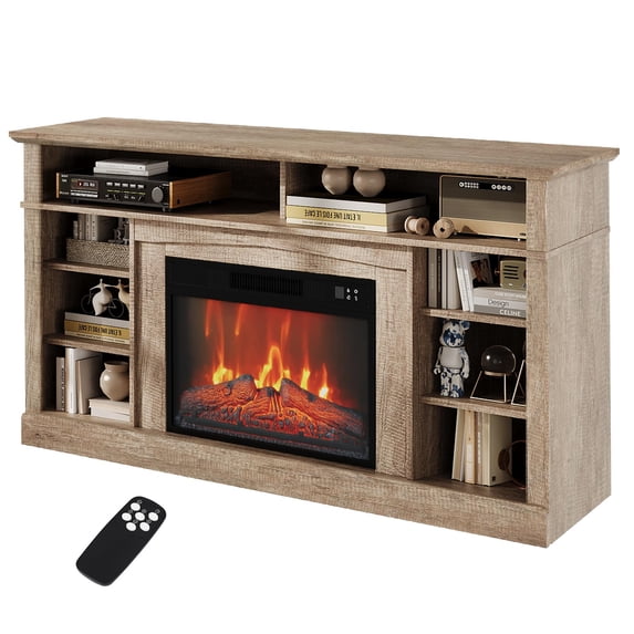 58 Inch Farmhouse TV Stand with Electric Fireplace, Wood Entertainment Center, 23" 1400W Fireplace with Remote Control 3 Level Adjustable Flame Timer