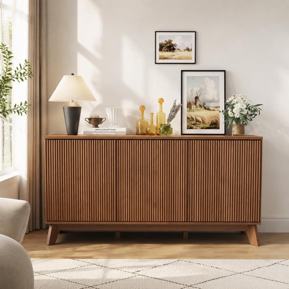 58 Inch Fluted Sideboard Buffet Cabinet with 3 Doors, Adjustable Shelves, Curved Wood Console Table, Modern Credenza for Kitchen, Dining Room, Living RoomWalnut