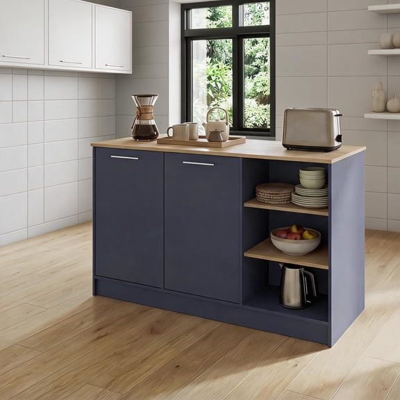 58-Inch Kitchen Island Table with Seating for Two, Dual Cabinets, Open Shelves, Deep Blue and Cream Finish