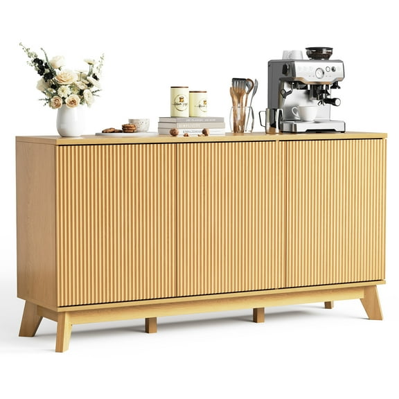 58 Inch Modern Farmhouse Sideboard Buffet, Walnut Finished Storage Credenza with Curved Fluted Doors and Adjustable Shelves for Dining Room