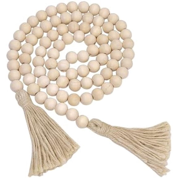 58-Inch Natural Wooden Bead Garland with Tassels - Rustic Farmhouse Boho Decor for Wall Hanging, Living Room, Bedroom, Shelf, Tray, Vase, Coffee Table, Mantel$$Home Decor, Kitchen, & Other