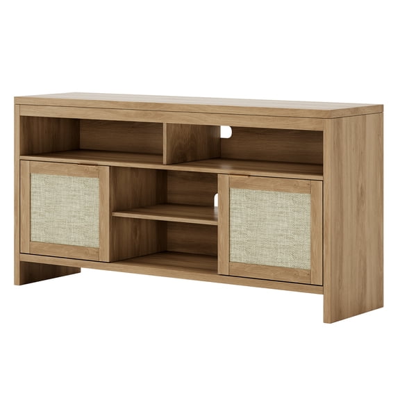58" Inch Rattan TV Stand for TV Up to 65 Inch, Boho Entertainment Center with 2 Rattan Doors and Adjustable Shelves