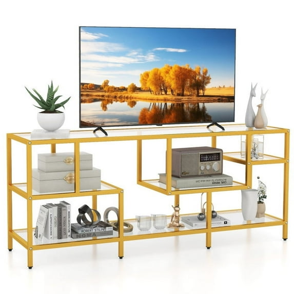 58 Inch TV Console Table with Tempered Glass Shelves for Living Room