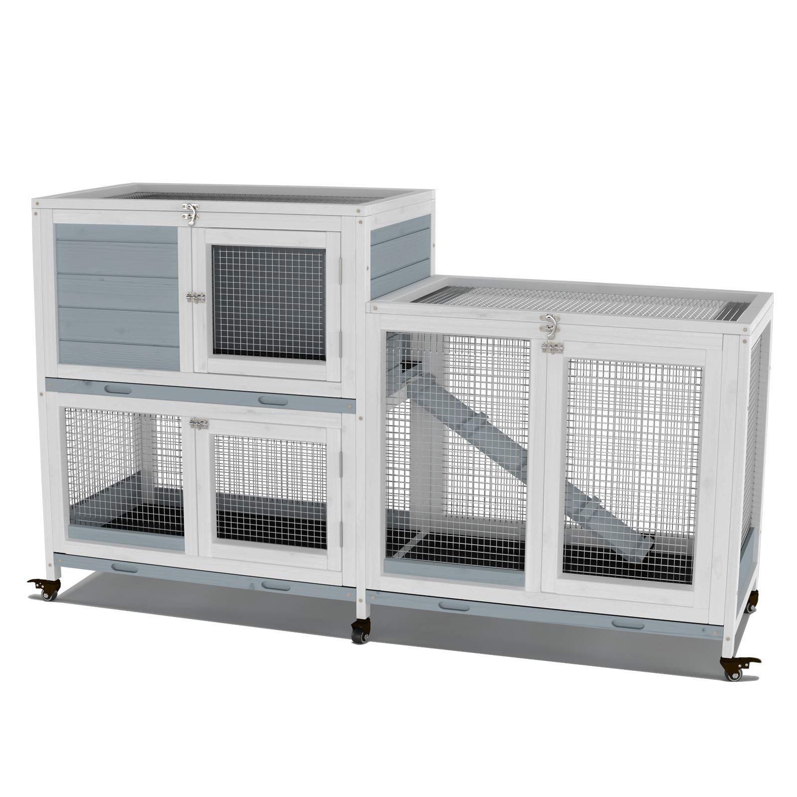 58 Inch Two Tier Wooden Rabbit Hutch Indoor Cage with Wheels for Small Pets Guinea Pig House Waterproof Leakproof Tray Grey