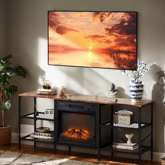58 Inch Weathered Wood Fireplace TV Media Console Storage Cabinet With 4 Open Storage Shelves Fits 18 Inch Electric Fireplace Insert For Living Room Decor