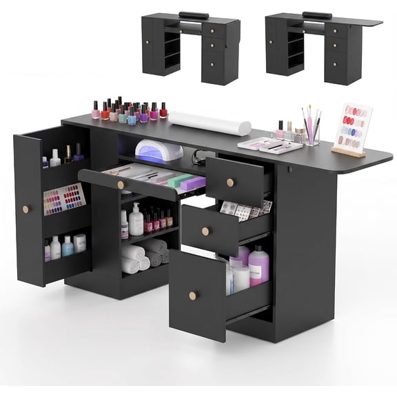 58 Inch White Nail Desk for Nail Tech, Manicure Table with Foldable Side Tray, Tool Display Rack, Storage Drawers, Acetone Resistant Salon Station for Beauty Spa