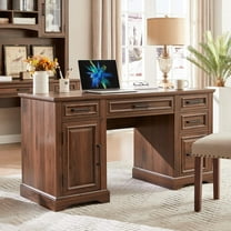 58 Inch Wide Wooden Executive Desk - 5 Drawers and 1 Cabinet, Farmhouse Home Office Desk, for Work, Study, Writing