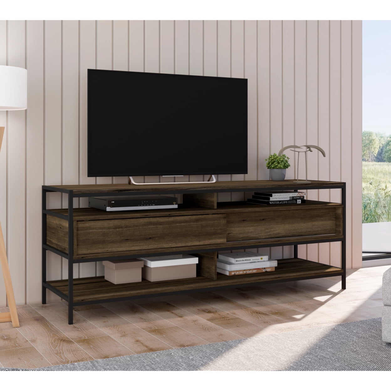 Contemporary Brown 58" Wood & Metal TV Stand with 2 Drawers