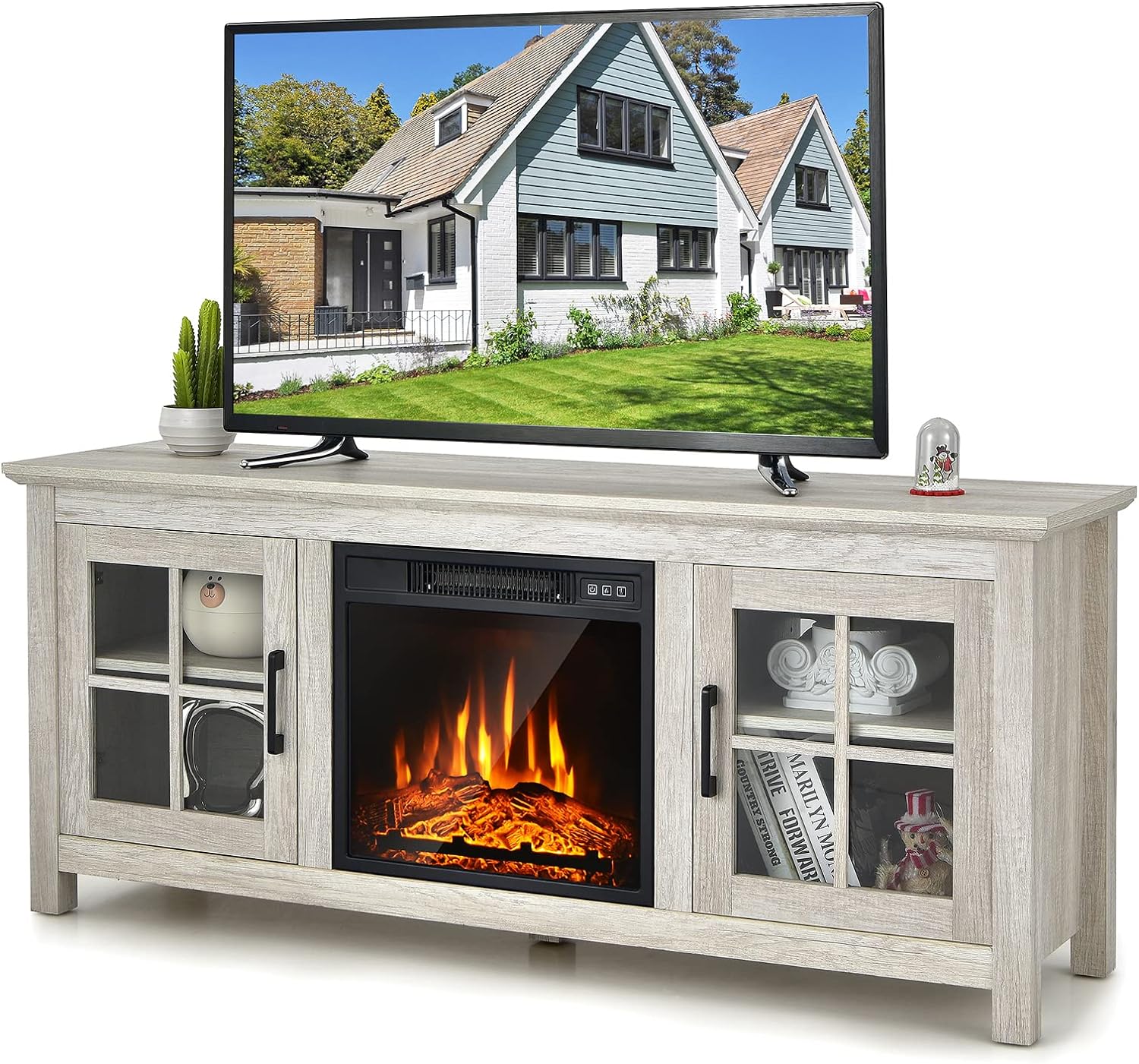58 Inches TV Console With Fireplace Insert, Fireplace TV Stand For Tvs