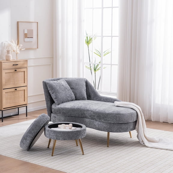 58'' Indoor Chenille Chair with Left Armrest and Lumbar Pillow Upholstered Furniture Lounge Chair, Lounge Sofa for Living Room Bedroom Office with Footstool.