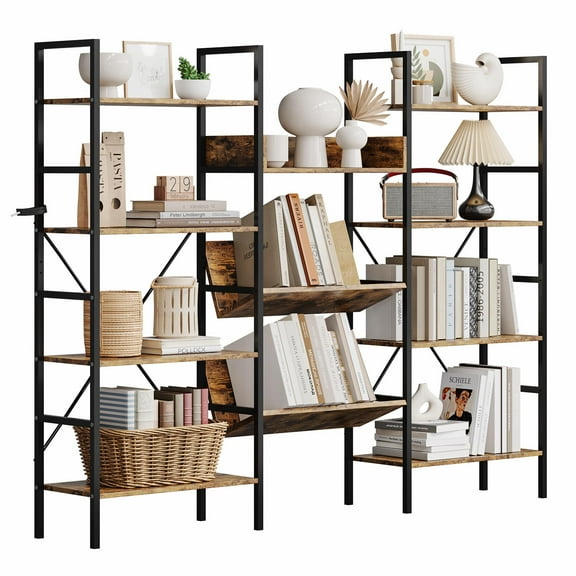 58" Industrial Bookcase,Triple Wide 4 Tiers Industrial Bookshelf with 11 Open Display Shelves,Open Record Player Shelves with Metal Frame and Anti-Tip Protection,for Living Room, Bedroom & Home Office