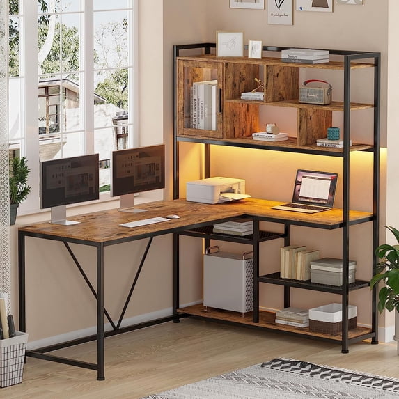 58'' L Shaped Computer Desk with LED Light and Bookshelf, Modern Corner Office Desk with Storage Shelves, Home Office Desk