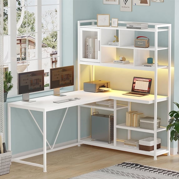 58'' L Shaped Computer Desk with LED Light and Bookshelf, Modern Corner Office Desk with Storage Shelves, Home Office Desk