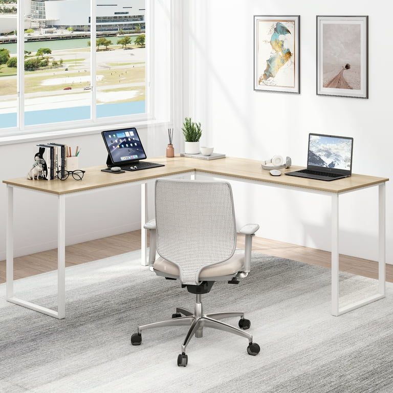 58 L Shaped Gaming Desk, Modern Style Computer Desk for Home Office, Beige  Wood Sturdy Home Office Writing Corner Computer Desk