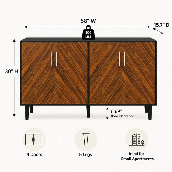 58" Large Buffet Cabinet with Storage, Mid- Modern Coffee Bar Cabinet with 4 Doors, Wood Sideboard Credenza with Adjustable Shelves for Kitchen, Dining Room, Living Room, Black