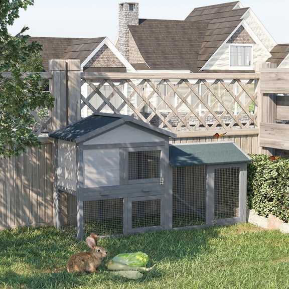 58" Large Rabbit Hutch, Wooden Bunny Cage with Run, Removable Tray, Asphalt Roof, Lockable Doors, Ramp, Dark Gray