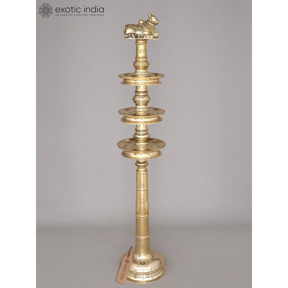 58" Large Three Layered Brass Deepasthambham with Seated Nandi on The Top | Ritual Item | Made in India
