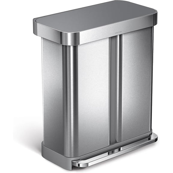 58 Liter / 15.3 Gallon Rectangular Hands-Free Dual Compartment Recycling Kitchen Step Trash Can with Soft-Close Lid, Brushed Stainless Steel