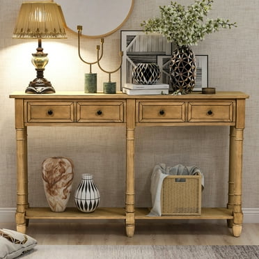 58" Long Console Table, Wooden Sofa Table with Two Storage, Drawers and Bottom Shelf for Living Room, Entryway, Old Pine