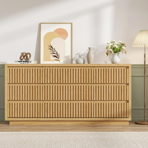 58" Long Dresser with 9 Drawers, Fluted Wood Chest, Modern Bedroom Clothes Storage Organizer, Natural Oak