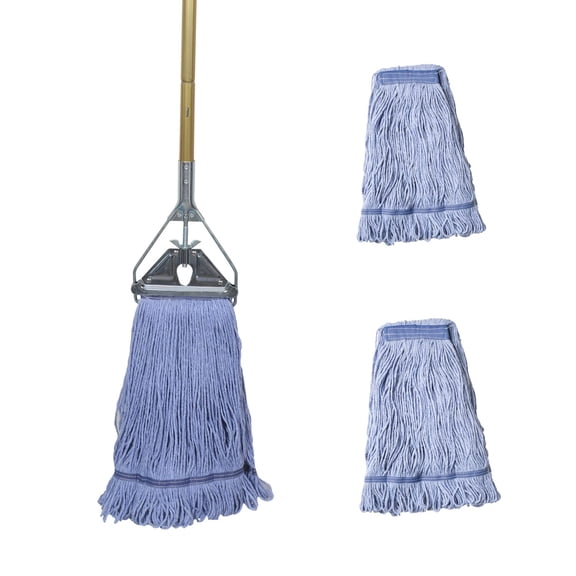 58" Looped-end Cotton Wet Mop Set with 3 Replacement Heads for Floor Cleaning