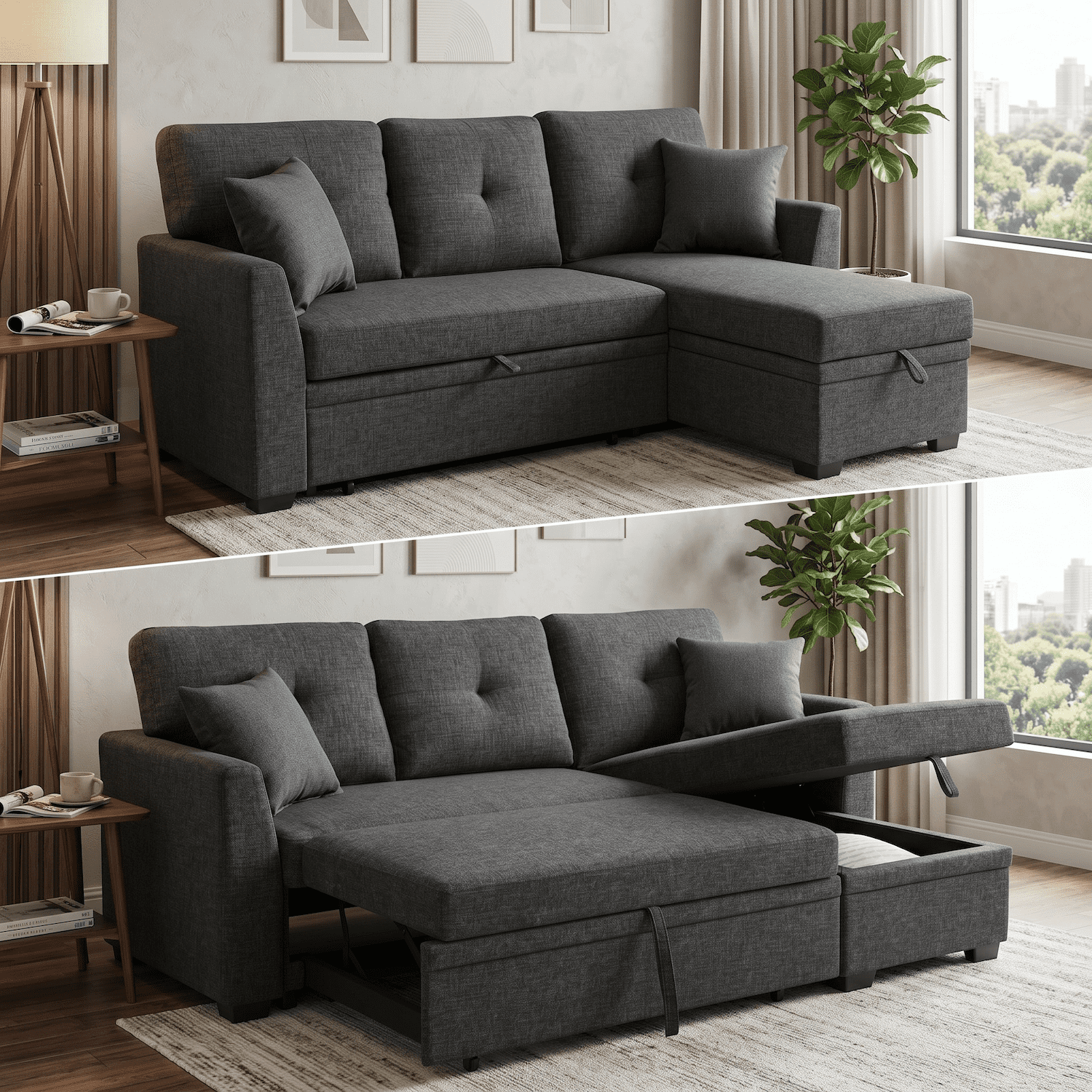 Convertible Sleeper Sofa Bed, 76.5" L Shaped Sectional Couch with Pull Out Bed, Storage Chaise & Reversible Lounge, Compact Linen Sectional Sofa for Small Space Apartment Living Room, Charcoal Black