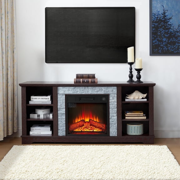 58" Mantel Stone TV Stand with 18" Electric Fireplace, Entertainment Center with Open Storage Space and Adjustable Shelves, TV Consoles for Living Room, Cherry