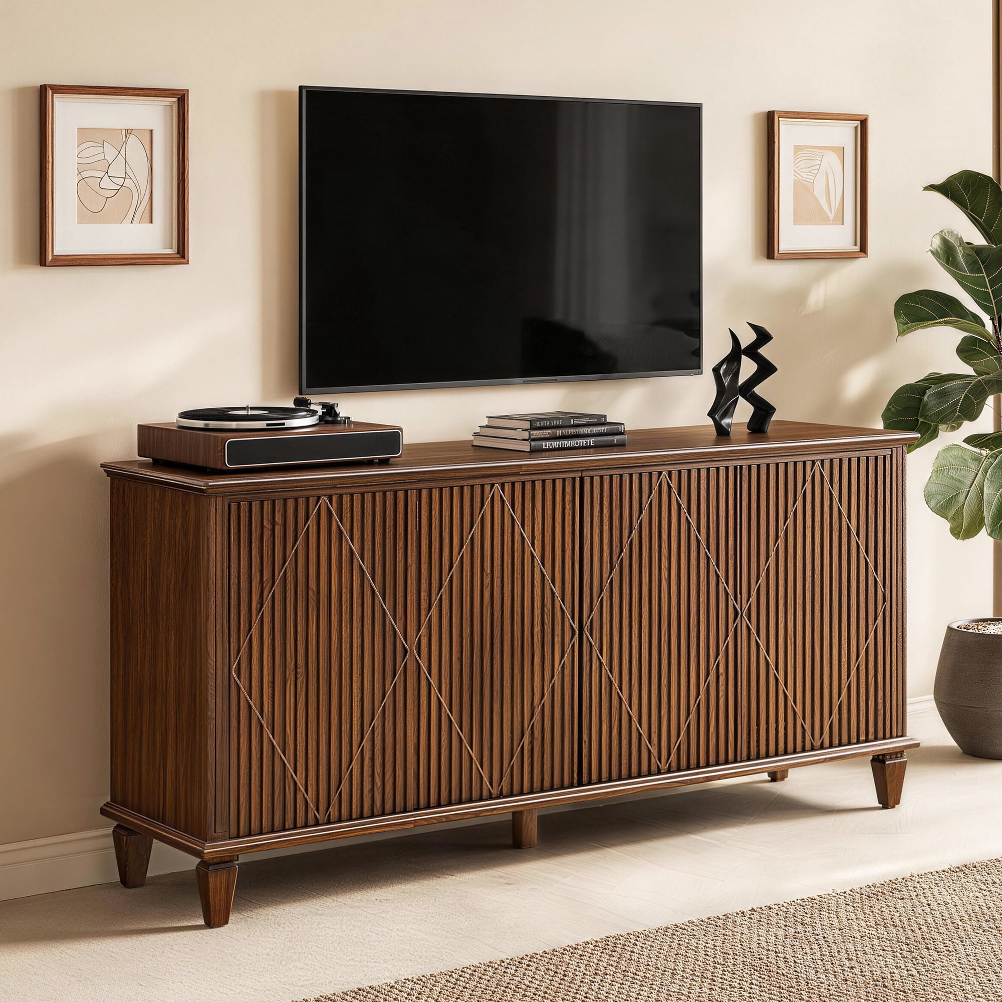 58" Mid Century Modern TV Stand, Wood Storage Cabinet with Carved Geometric Doors, 4 Door Media Console, Sideboard Buffet Cabinet for Living Room, Dining Room, Entryway WLRR
