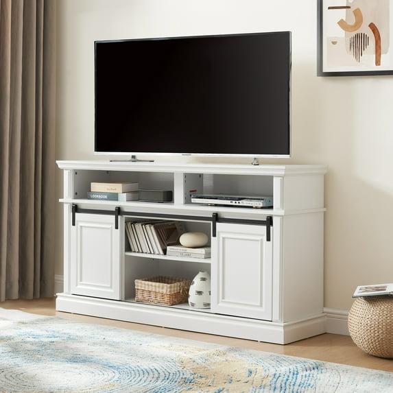 58" Mid-Century Modern TV Stand with Sliding Doors-Media Console for 65" TVs, Multipurpose Storage Cabinet with Adjustable Shelves