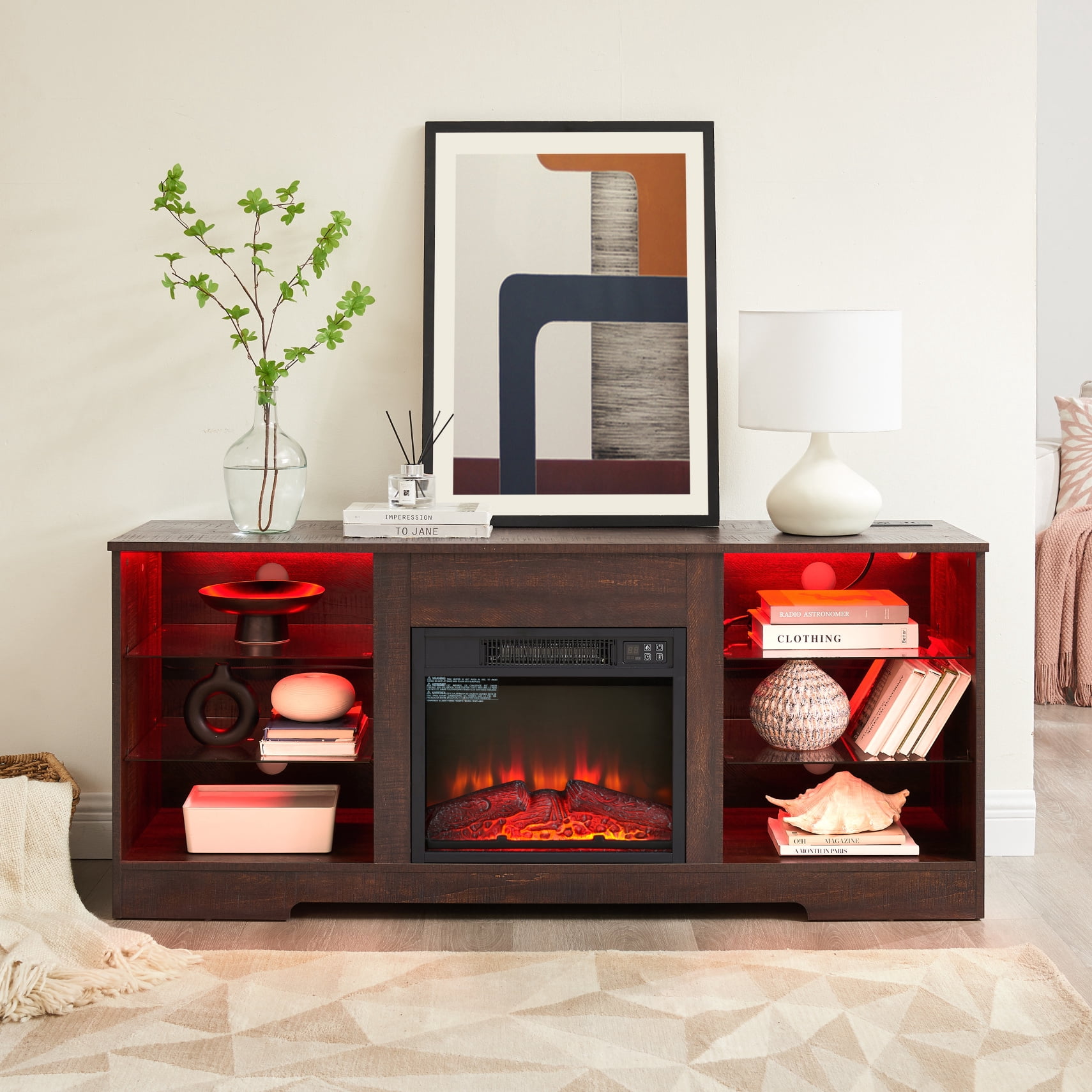 Vibe & Dine Floating TV Stand For Up To 75 Inch TVs - Walnut Media Console With LED Lights, Shelves & Cable Management