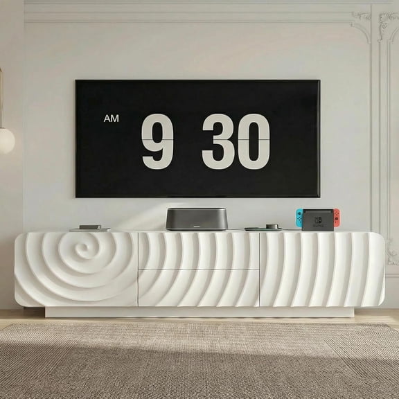 58'' Modern TV Stand for 65 Inch TV, Media Console with Storage Cabinet & 2 Drawers, Rounded Corner Entertainment Center for Living Room Bedroom (White)