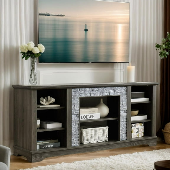 58" Modern TV Stand with Realistic Stacked Stone Surround, Entertainment Center with Storage Space, Wooden TV Console Table for TVs Up to 65", Rack for Living Room