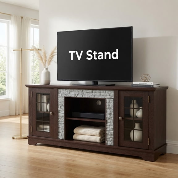 58" Modern TV Stand with 2-Door Storage, Faux Stone Media Console Cabinet, Cherry Large Entertainment Center for Living Room