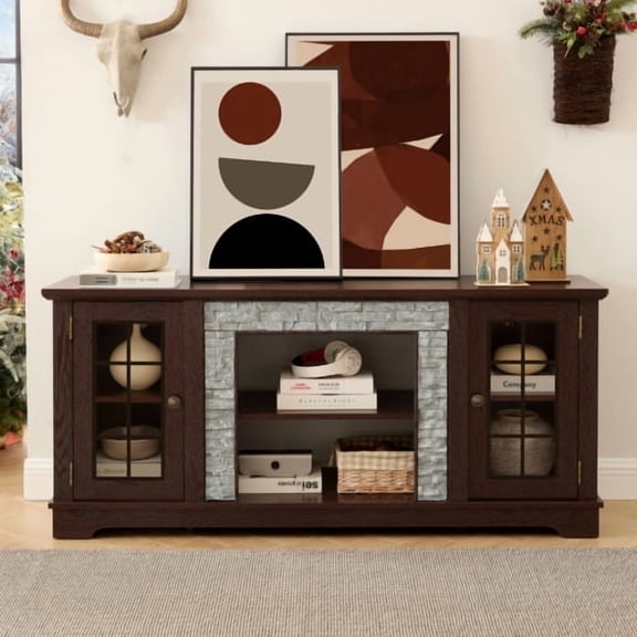 58" Modern TV Stand with 2-Door Storage, Faux Stone Media Console Cabinet for TVs Up to 65 Inch Living Room, Cherry
