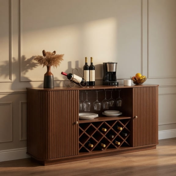 58" Modern Wavy Curve Sideboard with Wine Rack & Glassware Holder, Adjustable Shelves for Wine Storage Coffee Bar, for Kitchen Dining Room, Walnut