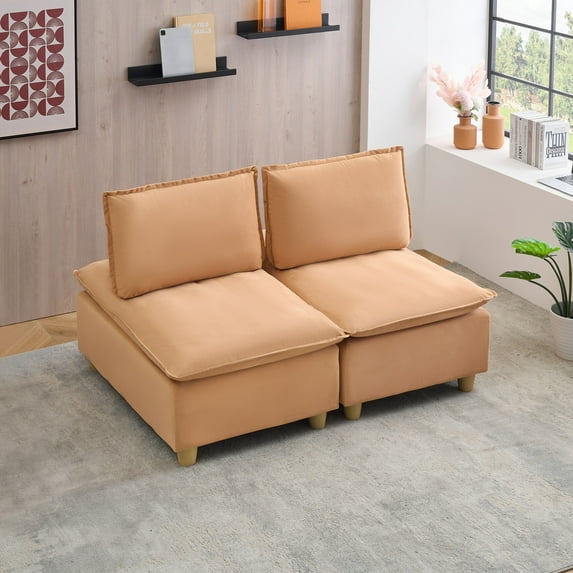 58'' Modular Sectional Sofa with 5-Position Adjustable Backrest & Cup Holders, Space-Saving 2-Seat Convertible Couch for Small Living Rooms, Light Brown