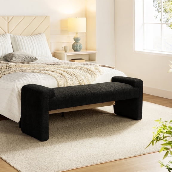 Tina's Home 58'' Upholstered Bench Chenille Boucle Modern Accent Bench End of Bedroom Entryway Black