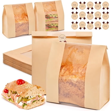 100PCS Kraft Paper Bakery Bags With Window - 7.1x7.5 Inch Grease Resistant Donut Bags With Seal Stickers
