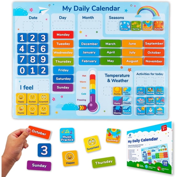 58 PCS Kids Calendar - My First Daily Magnetic Calendar with Weather and Feelings, Days of the Week, All About Today Board  Preschool Learning Chart for Wall or Fridge, Circle Time