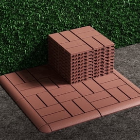 58 Pack Brick Pattern Interlocking Deck Tiles Set, 44 Deck Tiles with 10 Edge Trims & 4 Corner Pieces, Waterproof PP Outdoor Flooring for Patio, Garden, Walkway & Backyard