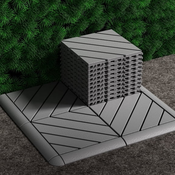 58 Pack Chevron Interlocking Deck Tiles Set, 44 Deck Tiles with 10 Edge Trims & 4 Corner Pieces, 12" x 12" x 0.9" Thick Waterproof PP Patio Flooring for Balcony, Patio, Porch & Backyard